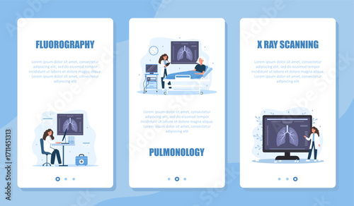 Pulmonology banner set. Lungs exam and treatment. Female pulmonologist make diagnosis and choose therapy. X ray and fluorography concept. Vector illustration in flat cartoon style.