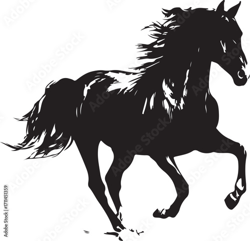 Dynamic black horse gallops with windblown mane and tail