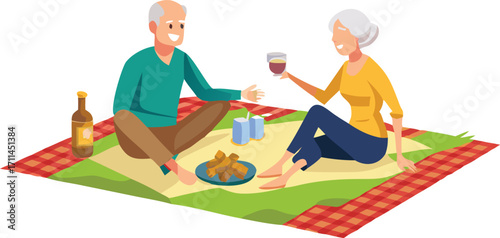 An illustration depicting an elderly couple happily sharing a picnic in a lush green park, with a basket and food spread out.