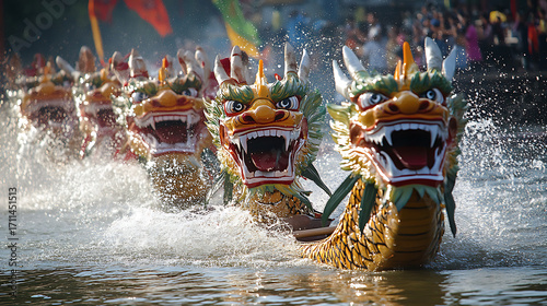 Traditional Dragon Boat Festival Celebrations with Racing Teams in Action