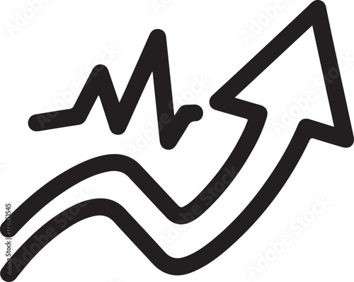 Black line drawing of a rising graph with an arrow and wavy lines chart growth