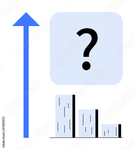 Upward-pointing blue arrow, bar chart, and bold question mark suggesting growth, uncertainty, or unknown outcomes. Ideal for strategy, finance, planning, innovation ambiguity data analysis simple