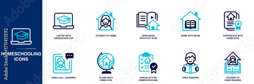Homeschooling Blue Colored Outline Icon Set