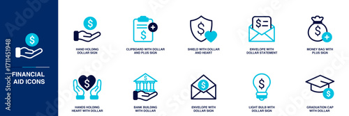 Financial Aid Blue Colored Outline Icon Set