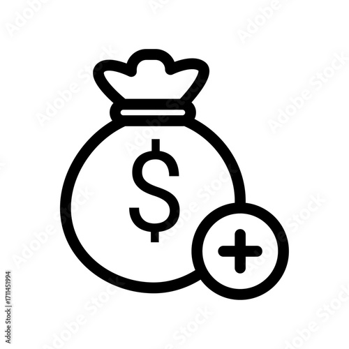 Money Bag with Plus Sign Line Icon of Financial Aid Icon Set