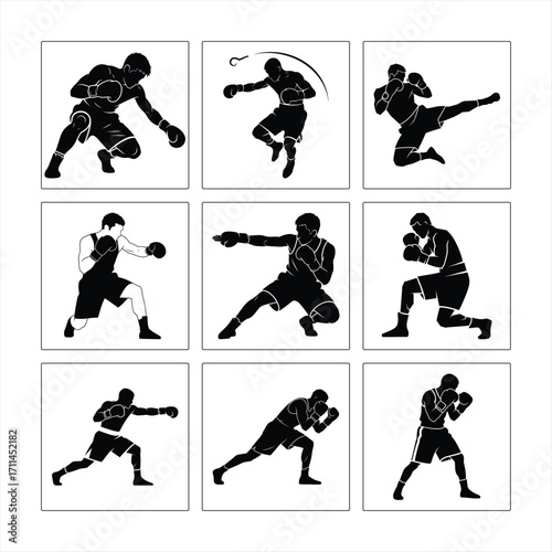 Boxing Silhouettes Vector Set Fighters In Action Black And White Illustration Graphic Collection