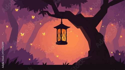 Forest scene with lantern and butterflies