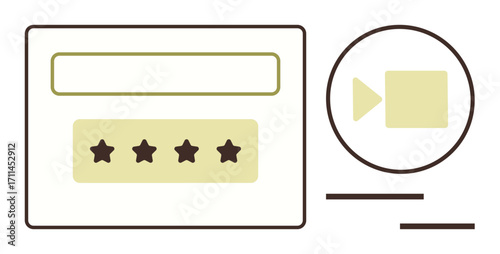 Feedback form interface with four-star ratings, input bar, and video play button. Ideal for reviews, surveys, interaction, usability, evaluation content creation customer experience. Simple flat