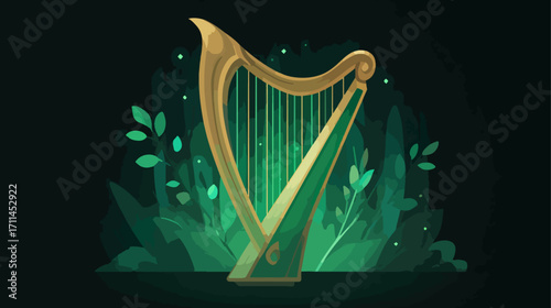 Golden harp in lush green setting