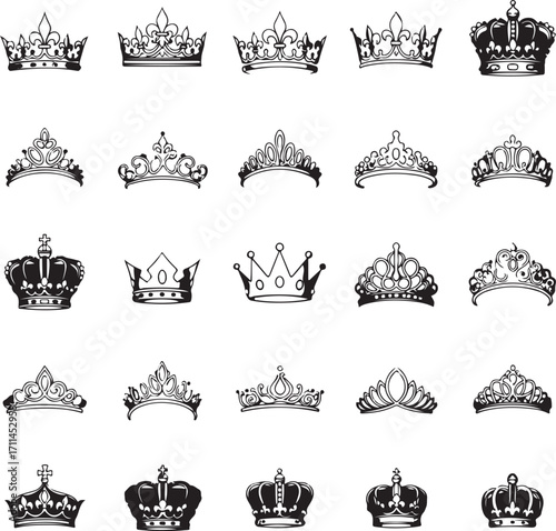 Collection of twenty five black and white crown and tiara icons royal regal