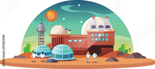 An illustration of a space station with people walking around in a futuristic environment, showcasing space exploration.