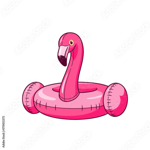 Illustration of a bright pink inflatable flamingo pool float on a white background.