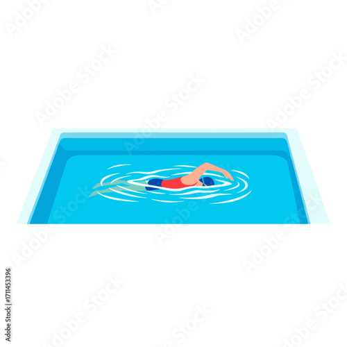 A swimmer wearing a cap and swimsuit is swimming freestyle in a blue rectangular pool, creating ripples in the water.