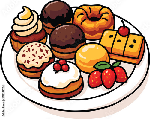 Colorful plate of assorted pastries and sweets including donuts, cupcakes, cakes, and berries. Perfect for bakery, dessert menu, café promotion, or festive food projects. Editable EPS format.