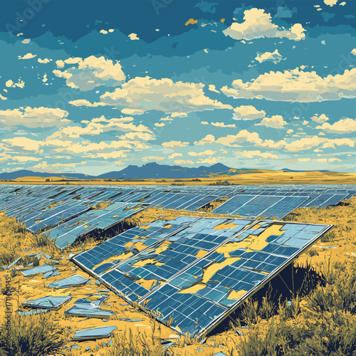 A landscape of broken solar panels scattered across a field, showcasing the impact of environmental challenges on renewable energy infrastructure. , vector style simple color