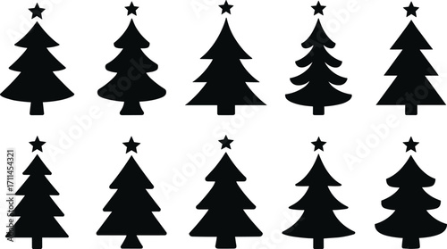 Christmas tree silhouettes, festive icons, holiday decoration, black and white trees, star-topped design, seasonal graphic, stylized pine, winter celebration,