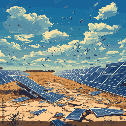 A landscape of broken solar panels scattered across a field, showcasing the impact of environmental challenges on renewable energy infrastructure. , vector style simple color