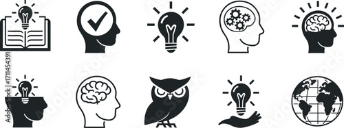 Intelligence icons, learning symbols, brain, idea, knowledge, education, thinking, creativity, cognitive process, global awareness, wisdom, insight, innovation, mental capacity, smart thinking