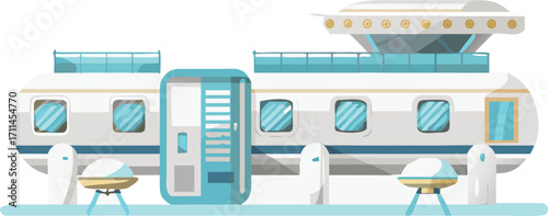 A train stopped at a platform, showcasing a door that is open for boarding.