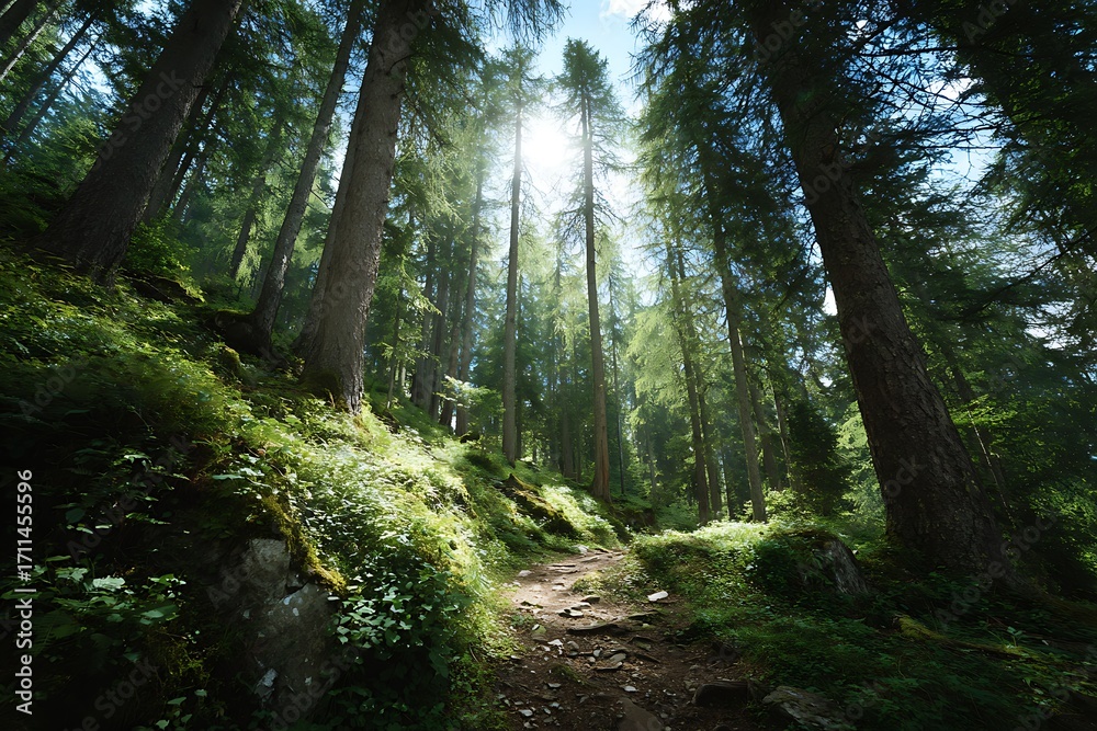 Obraz premium Trail through a forest with tall trees