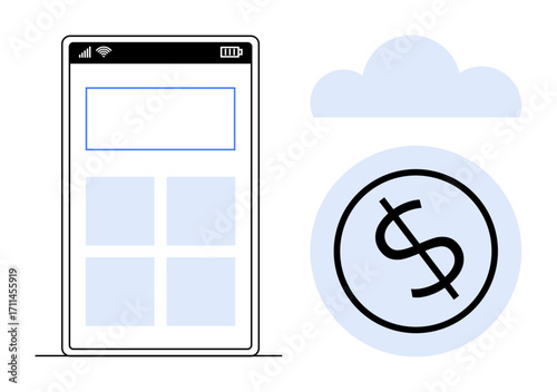 Smartphone interface alongside dollar coin in cloud. Ideal for fintech, online banking, mobile application, cloud storage, cashless transactions, digital savings, financial technology, simple flat