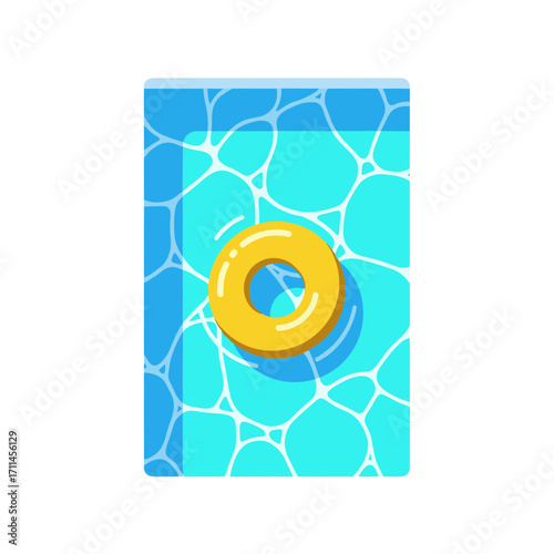 Top-down view of a yellow inflatable ring floating in a blue swimming pool with water reflections.