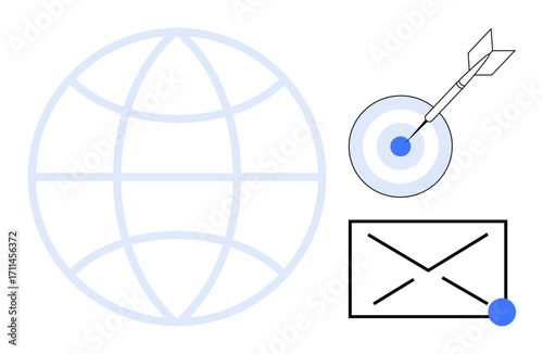 Globe, dart hitting the bullseye on a target, and envelope with a dot. Ideal for global reach, email marketing, goal achievement, communication strategy, business growth, effective targeting simple