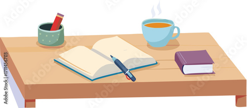 A notebook, a pen, and a cup of coffee arranged on a wooden table, creating a cozy workspace atmosphere.
