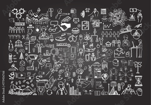 set of business elements in board doodle style. Hand drawn vector illustration
