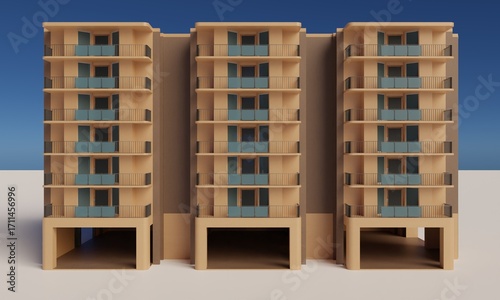 View of modern apartment building residential 3d rendering architecture wallpaper background