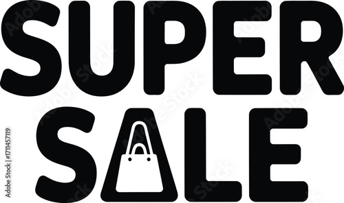 Bold 'SUPER SALE' text with shopping bag icon grabs attention for incredible deals and promotional campaigns, perfect for marketing.