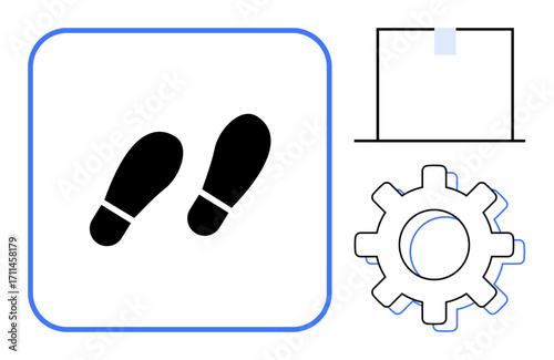Black footsteps, outlined laptop screen, and gearwheel symbolized together. Ideal for productivity, process improvement, efficiency, innovation, planning, strategy simple flat metaphor