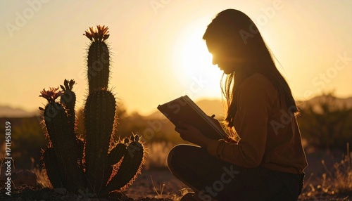 Desert muse a woman captures nature's beauty with pen and paper at sunset