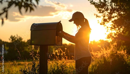 Woman retrieving mail from rustic mailbox at golden sunset in countryside
