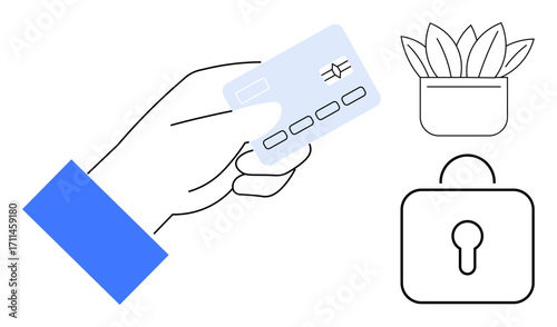 Hand presenting a credit card with chip alongside a locked padlock and small potted plant. Ideal for finance, security, sustainability, e-commerce, technology, payment systems, digital security