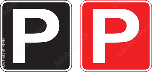 parking, sign, symbol, icon, graphic, design, element, set, collection, black, red, white, letter p, transportation, information, traffic, road, street, automobile, vehicle, car, stop, area, zone