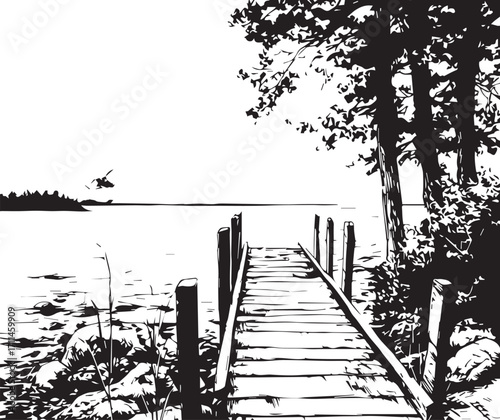 Serene Lakeside Pier: A picturesque view of a wooden pier extending gracefully into a tranquil lake, enveloped by the natural splendor of the environment, inviting contemplation and peace.