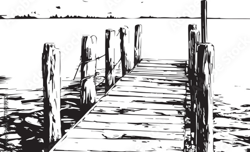Pathway to Serenity: A stark black and white depiction of a weathered wooden pier extending into the tranquil expanse of a body of water, offering a sense of peacefulness and contemplation.