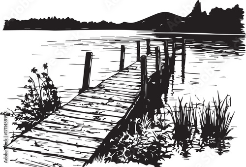 Tranquil Pier on the Lake: A rustic wooden pier extends gracefully into a calm lake, framed by lush reeds and the distant silhouette of a mountain range. A picturesque moment of serenity.
