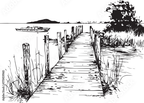 Serene Pier Scene: A detailed line drawing captures a tranquil scene featuring a rustic pier extending into calm waters, with a boat and distant land creating a sense of peace.