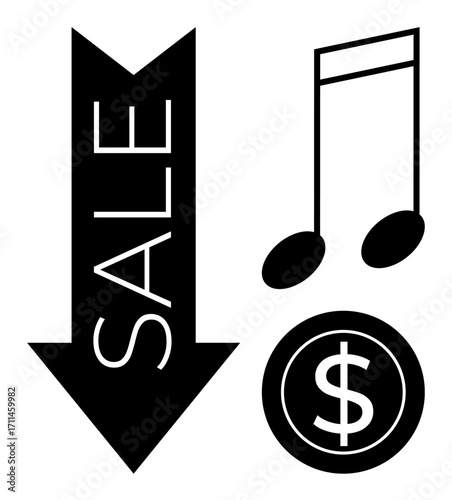 Downward arrow labeled sale, music notes, and dollar coin communicate discounts on music or audio products. Ideal for marketing, advertising, e-commerce, discounts, music industry, promotions simple