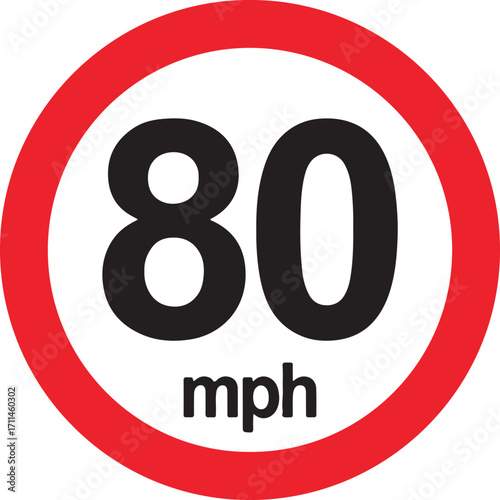 speed limit, 80 mph, traffic sign, road sign, regulation, restriction, transportation, safety, warning, circular, red border, white background, black numbers, mph, driving, highway, speed, control, in