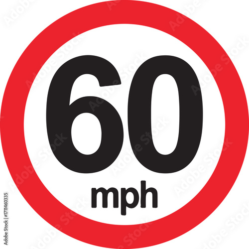 speed limit, 60 mph, traffic sign, road sign, regulation, restriction, transportation, safety, warning, circular, red border, white background, black numbers, mph, driving, highway, speed, control, in