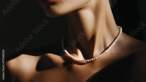 Elegant Woman's Neck and Pearl Necklace Illuminated by Dramatic, Shifting Sunlight