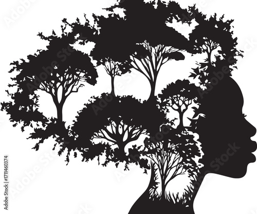Silhouette of Thought: A striking silhouette of a female profile, her hair intricately designed with a forest of diverse trees.