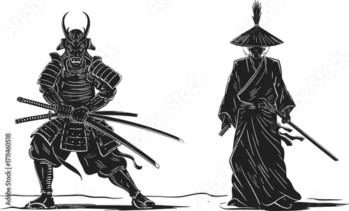 Samurai and ronin illustration, Japanese warrior art, traditional armor, sword fighters, historical culture, martial stance, black and white graphic,