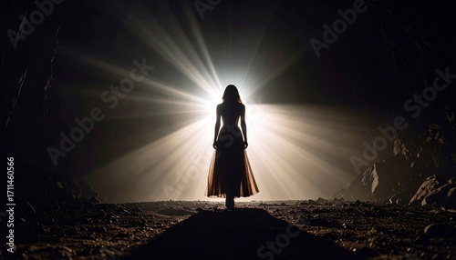 Silhouette of a woman standing dramatically in the darkness before a bright light