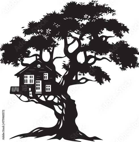 Treehouse Silhouette: A charming treehouse is nestled within the sprawling branches of a mature tree, this silhouette image evokes a sense of whimsy and adventure. 