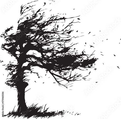 Wind-Swept Silhouette: Capturing the raw power of nature, a stark black silhouette of a tree struggles against a fierce wind, its branches and leaves dramatically swept away.