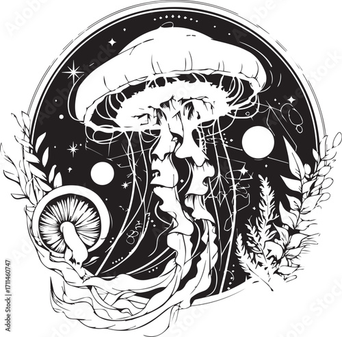 Mystical Marine Illustration: An artistic illustration showcasing a jellyfish gracefully gliding through an ethereal aquatic environment, adorned with celestial elements and botanical embellishments.